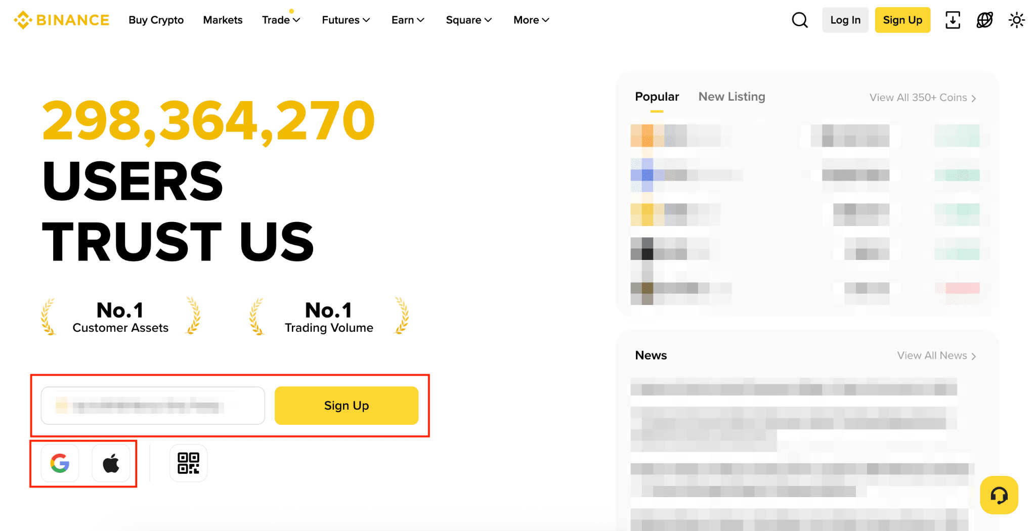 Binance homepage with sign up form