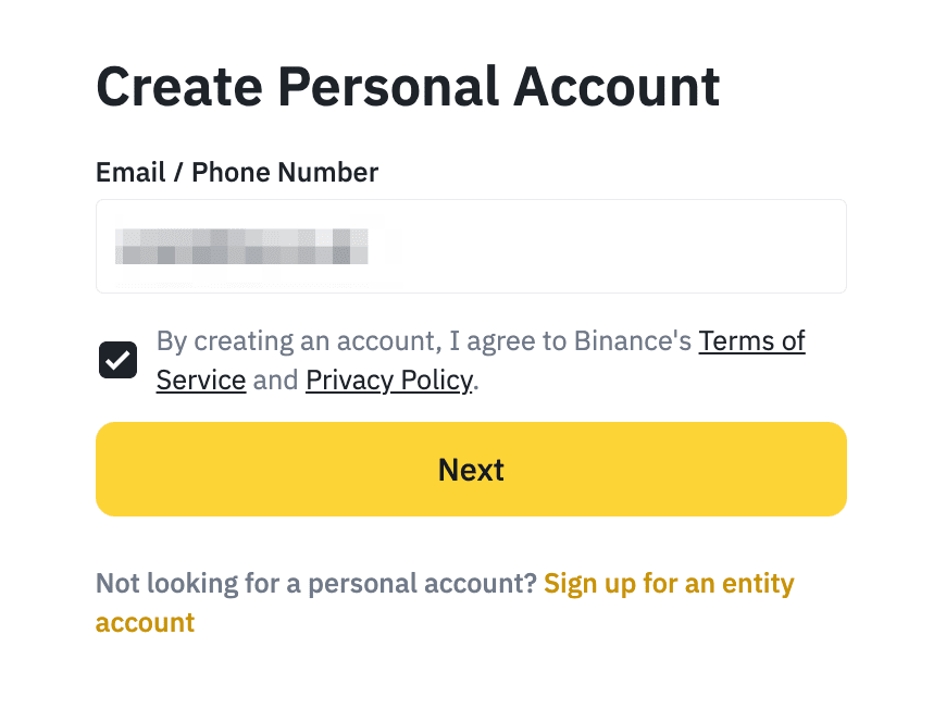 Binance terms of service checkbox