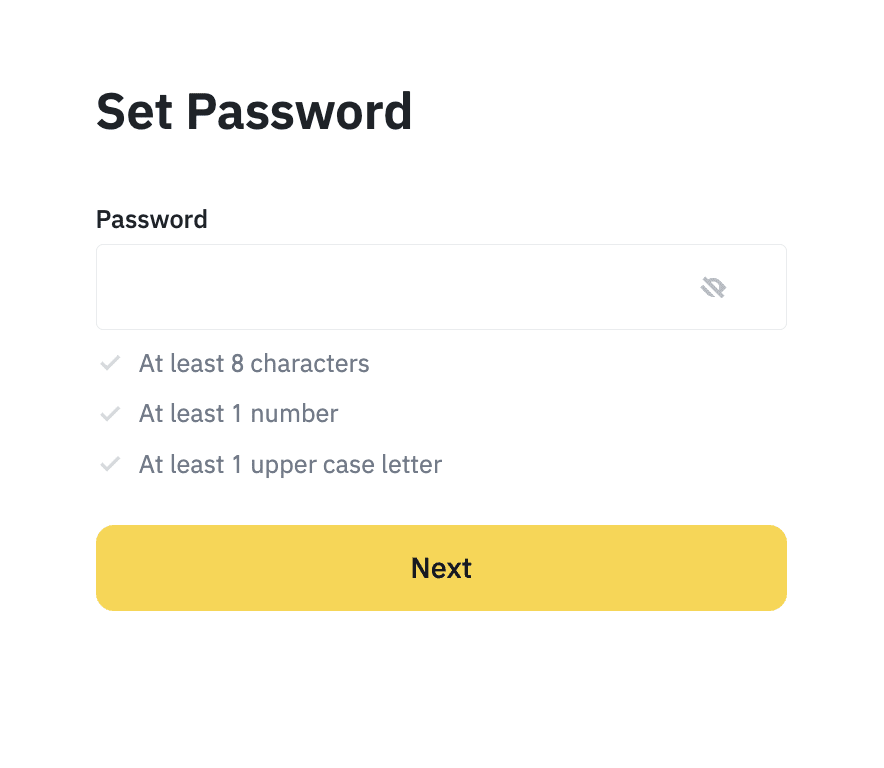 Binance password creation screen