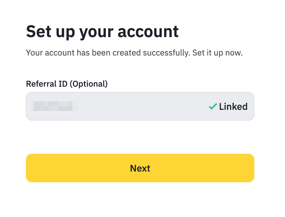 Binance account creation success screen
